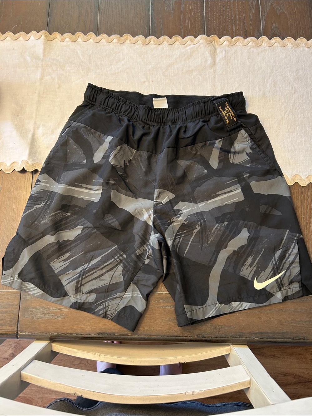 Nike Men's Black & Gray Camo Athletic Shorts with Yellow Swoosh
